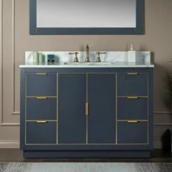 WOODBRIDGE Venice 48"x21"x33" Solid Wood Bath Vanities Side Cabinet In Grey With Gold Trim And Engineered Stone Composite Vanity Top In Fish Belly White With 3 Pre-Drilled Holes For 8-inch Widespread Faucet.