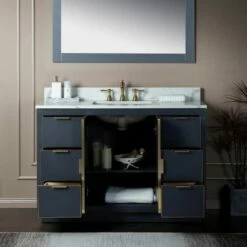 WOODBRIDGE Venice 48"x21"x33" Solid Wood Bath Vanities Side Cabinet In Grey With Gold Trim And Engineered Stone Composite Vanity Top In Fish Belly White With 3 Pre-Drilled Holes For 8-inch Widespread Faucet. -Woodbridgebath Shop 6167cb9263c12 thumb 600x600