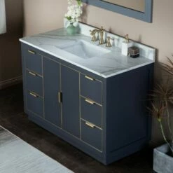 WOODBRIDGE Venice 48"x21"x33" Solid Wood Bath Vanities Side Cabinet In Grey With Gold Trim And Engineered Stone Composite Vanity Top In Fish Belly White With 3 Pre-Drilled Holes For 8-inch Widespread Faucet. -Woodbridgebath Shop 6167cb9529d62 thumb 600x600