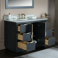 WOODBRIDGE Venice 48"x21"x33" Solid Wood Bath Vanities Side Cabinet In Grey With Gold Trim And Engineered Stone Composite Vanity Top In Fish Belly White With 3 Pre-Drilled Holes For 8-inch Widespread Faucet. -Woodbridgebath Shop 6167cb9578e93 thumb 600x600