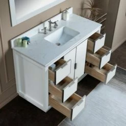 WOODBRIDGE Venice 48"x21"x33" Solid Wood Bath Vanities Side Cabinet In White With Brushed Nickel Trim And Engineered Stone Composite Vanity Top In Carrara White 3 Pre-Drilled Holes For 8-inch Widespread Faucet. -Woodbridgebath Shop 6167cd9d32f30 thumb 600x600