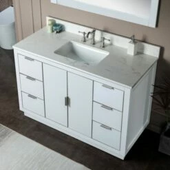 WOODBRIDGE Venice 48"x21"x33" Solid Wood Bath Vanities Side Cabinet In White With Brushed Nickel Trim And Engineered Stone Composite Vanity Top In Carrara White 3 Pre-Drilled Holes For 8-inch Widespread Faucet. -Woodbridgebath Shop 6167cd9f9b371 thumb 600x600