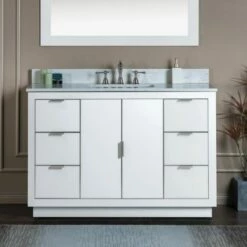 WOODBRIDGE Venice 48"x21"x33" Solid Wood Bath Vanities Side Cabinet In White And Brushed Nickel Trim And Carrara Marble Vanity Top Cabinet With 3 Pre-Drilled Holes For 8-inch Widespread Faucet.