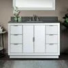 WOODBRIDGE Venice 48"x21"x33" Solid Wood Bath Vanities Side Cabinet In White With Brushed Nickel Trim And Engineered Stone Composite Vanity Top In Dark Gray With 3 Pre-Drilled Holes For 8-inch Widespread Faucet.