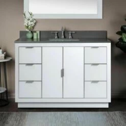 WOODBRIDGE Venice 48"x21"x33" Solid Wood Bath Vanities Side Cabinet In White With Brushed Nickel Trim And Engineered Stone Composite Vanity Top In Dark Gray With 3 Pre-Drilled Holes For 8-inch Widespread Faucet.