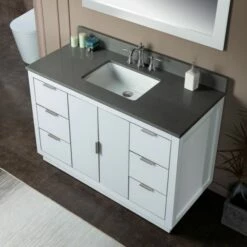 WOODBRIDGE Venice 48"x21"x33" Solid Wood Bath Vanities Side Cabinet In White With Brushed Nickel Trim And Engineered Stone Composite Vanity Top In Dark Gray With 3 Pre-Drilled Holes For 8-inch Widespread Faucet. -Woodbridgebath Shop 6167d2016e470 thumb 600x600