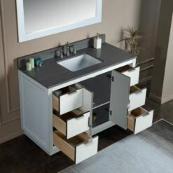 WOODBRIDGE Venice 48"x21"x33" Solid Wood Bath Vanities Side Cabinet In White With Brushed Nickel Trim And Engineered Stone Composite Vanity Top In Dark Gray With 3 Pre-Drilled Holes For 8-inch Widespread Faucet. -Woodbridgebath Shop 6167d20772313 thumb 600x600