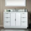 WOODBRIDGE Venice 48"x21"x33" Solid Wood Bath Vanities Side Cabinet In White With Brushed Nickel Trim And Engineered Stone Composite Vanity Top In Fish Belly White With 3 Pre-Drilled Holes For 8-inch Widespread Faucet. -Woodbridgebath Shop 6167d2eecaa34 thumb 600x600