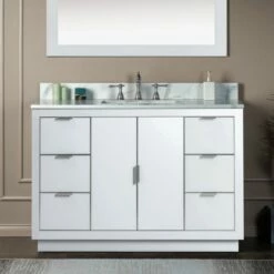 WOODBRIDGE Venice 48"x21"x33" Solid Wood Bath Vanities Side Cabinet In White With Brushed Nickel Trim And Engineered Stone Composite Vanity Top In Fish Belly White With 3 Pre-Drilled Holes For 8-inch Widespread Faucet.