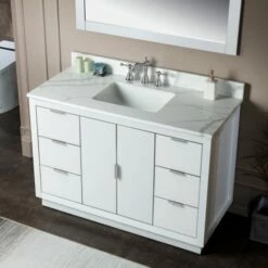 WOODBRIDGE Venice 48"x21"x33" Solid Wood Bath Vanities Side Cabinet In White With Brushed Nickel Trim And Engineered Stone Composite Vanity Top In Fish Belly White With 3 Pre-Drilled Holes For 8-inch Widespread Faucet. -Woodbridgebath Shop 6167d2f21564f thumb 600x600