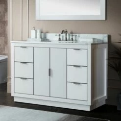 WOODBRIDGE Venice 48"x21"x33" Solid Wood Bath Vanities Side Cabinet In White With Brushed Nickel Trim And Engineered Stone Composite Vanity Top In Fish Belly White With 3 Pre-Drilled Holes For 8-inch Widespread Faucet. -Woodbridgebath Shop 6167d2f2c7ce0 thumb 600x600