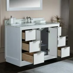 WOODBRIDGE Venice 48"x21"x33" Solid Wood Bath Vanities Side Cabinet In White With Brushed Nickel Trim And Engineered Stone Composite Vanity Top In Fish Belly White With 3 Pre-Drilled Holes For 8-inch Widespread Faucet. -Woodbridgebath Shop 6167d2f3079cf thumb 600x600