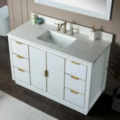 WOODBRIDGE Venice 48"x21"x33" Solid Wood Bath Vanities Side Cabinet In White With Gold Trim And Engineered Stone Composite Vanity Top In Carrara White 3 Pre-Drilled Holes For 8-inch Widespread Faucet. -Woodbridgebath Shop 6167d3656e271 thumb 600x600