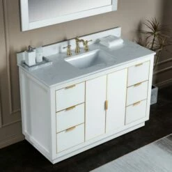 WOODBRIDGE Venice 48"x21"x33" Solid Wood Bath Vanities Side Cabinet In White With Gold Trim And Engineered Stone Composite Vanity Top In Carrara White 3 Pre-Drilled Holes For 8-inch Widespread Faucet. -Woodbridgebath Shop 6167d36897a68 thumb 600x600