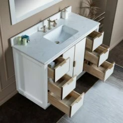 WOODBRIDGE Venice 48"x21"x33" Solid Wood Bath Vanities Side Cabinet In White With Gold Trim And Engineered Stone Composite Vanity Top In Carrara White 3 Pre-Drilled Holes For 8-inch Widespread Faucet. -Woodbridgebath Shop 6167d36ca0a96 thumb 600x600