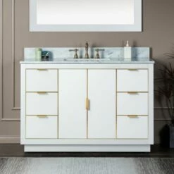 WOODBRIDGE Venice 48"x21"x33" Solid Wood Bath Vanities Side Cabinet In White And Gold Trim And Carrara Marble Vanity Top Cabinet With 3 Pre-Drilled Holes For 8-inch Widespread Faucet.