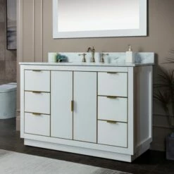 WOODBRIDGE Venice 48"x21"x33" Solid Wood Bath Vanities Side Cabinet In White And Gold Trim And Carrara Marble Vanity Top Cabinet With 3 Pre-Drilled Holes For 8-inch Widespread Faucet. -Woodbridgebath Shop 6167d4d5d3bf2 thumb 600x600