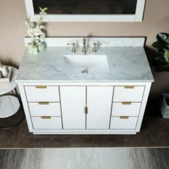 WOODBRIDGE Venice 48"x21"x33" Solid Wood Bath Vanities Side Cabinet In White And Gold Trim And Carrara Marble Vanity Top Cabinet With 3 Pre-Drilled Holes For 8-inch Widespread Faucet. -Woodbridgebath Shop 6167d4d5e118e thumb 600x600