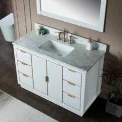 WOODBRIDGE Venice 48"x21"x33" Solid Wood Bath Vanities Side Cabinet In White And Gold Trim And Carrara Marble Vanity Top Cabinet With 3 Pre-Drilled Holes For 8-inch Widespread Faucet. -Woodbridgebath Shop 6167d4d617e65 thumb 600x600