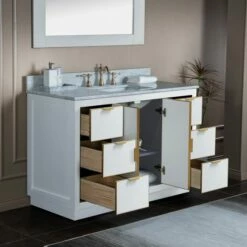WOODBRIDGE Venice 48"x21"x33" Solid Wood Bath Vanities Side Cabinet In White And Gold Trim And Carrara Marble Vanity Top Cabinet With 3 Pre-Drilled Holes For 8-inch Widespread Faucet. -Woodbridgebath Shop 6167d4d8a8d2b thumb 600x600