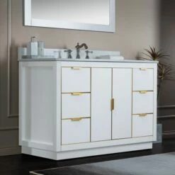 WOODBRIDGE Venice 48"x21"x33" Solid Wood Bath Vanities Side Cabinet In White And Gold Trim And Carrara Marble Vanity Top Cabinet With 3 Pre-Drilled Holes For 8-inch Widespread Faucet. -Woodbridgebath Shop 6167d4e3c867a thumb 600x600