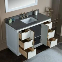 WOODBRIDGE Venice 48"x21"x33" Solid Wood Bath Vanities Side Cabinet In White With Gold Trim And Engineered Stone Composite Vanity Top In Dark Gray With 3 Pre-Drilled Holes For 8-inch Widespread Faucet. -Woodbridgebath Shop 6167d5d1288e0 thumb 600x600