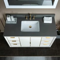 WOODBRIDGE Venice 48"x21"x33" Solid Wood Bath Vanities Side Cabinet In White With Gold Trim And Engineered Stone Composite Vanity Top In Dark Gray With 3 Pre-Drilled Holes For 8-inch Widespread Faucet. -Woodbridgebath Shop 6167d5d44f2fb thumb 600x600