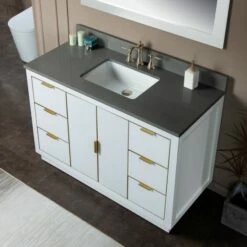 WOODBRIDGE Venice 48"x21"x33" Solid Wood Bath Vanities Side Cabinet In White With Gold Trim And Engineered Stone Composite Vanity Top In Dark Gray With 3 Pre-Drilled Holes For 8-inch Widespread Faucet. -Woodbridgebath Shop 6167d5d528f8a thumb 600x600