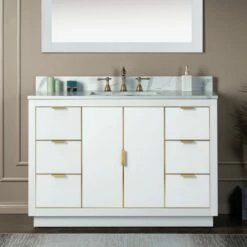 WOODBRIDGE Venice 48"x21"x33" Solid Wood Bath Vanities Side Cabinet In White With Gold Trim And Engineered Stone Composite Vanity Top In Fish Belly White With 3 Pre-Drilled Holes For 8-inch Widespread Faucet.