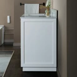 WOODBRIDGE Venice 48"x21"x33" Solid Wood Bath Vanities Side Cabinet In White With Gold Trim And Engineered Stone Composite Vanity Top In Fish Belly White With 3 Pre-Drilled Holes For 8-inch Widespread Faucet. -Woodbridgebath Shop 6167d69408eb6 thumb 600x600