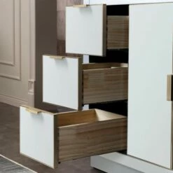 WOODBRIDGE Venice 48"x21"x33" Solid Wood Bath Vanities Side Cabinet In White With Gold Trim And Engineered Stone Composite Vanity Top In Fish Belly White With 3 Pre-Drilled Holes For 8-inch Widespread Faucet. -Woodbridgebath Shop 6167d69d6f81a thumb 600x600