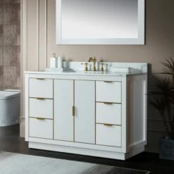 WOODBRIDGE Venice 48"x21"x33" Solid Wood Bath Vanities Side Cabinet In White With Gold Trim And Engineered Stone Composite Vanity Top In Fish Belly White With 3 Pre-Drilled Holes For 8-inch Widespread Faucet. -Woodbridgebath Shop 6167d6a11b17f thumb 600x600