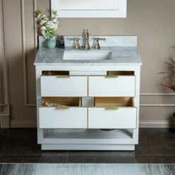 WOODBRIDGE Venice 36"x21"x33" Solid Wood Bath Vanities Side Cabinet In White And Gold Trim And Carrara Marble Vanity Top Cabinet With 3 Pre-Drilled Holes For 8-inch Widespread Faucet. -Woodbridgebath Shop 6178f9738bae0 thumb 600x600