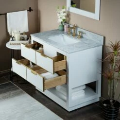 WOODBRIDGE Venice 36"x21"x33" Solid Wood Bath Vanities Side Cabinet In White And Gold Trim And Carrara Marble Vanity Top Cabinet With 3 Pre-Drilled Holes For 8-inch Widespread Faucet. -Woodbridgebath Shop 6178f97c6dd0e thumb 600x600