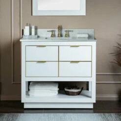 WOODBRIDGE Venice 36"x21"x33" Solid Wood Bath Vanities Side Cabinet In White With Gold Trim And Engineered Stone Composite Vanity Top In Carrara White 3 Pre-Drilled Holes For 8-inch Widespread Faucet.