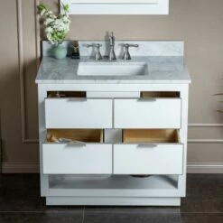 WOODBRIDGE Venice 36"x21"x33" Solid Wood Bath Vanities Side Cabinet In White And Brushed Nickel Trim And Carrara Marble Vanity Top Cabinet With 3 Pre-Drilled Holes For 8-inch Widespread Faucet. -Woodbridgebath Shop 6179025d6b140 thumb 600x600