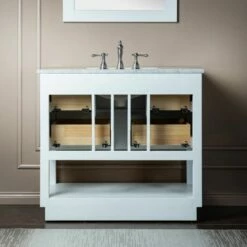 WOODBRIDGE Venice 36"x21"x33" Solid Wood Bath Vanities Side Cabinet In White And Brushed Nickel Trim And Carrara Marble Vanity Top Cabinet With 3 Pre-Drilled Holes For 8-inch Widespread Faucet. -Woodbridgebath Shop 61790267d7b41 thumb 600x600