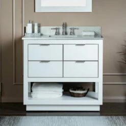 WOODBRIDGE Venice 36"x21"x33" Solid Wood Bath Vanities Side Cabinet In White With Brushed Nickel Trim And Engineered Stone Composite Vanity Top In Carrara White 3 Pre-Drilled Holes For 8-inch Widespread Faucet.