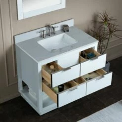 WOODBRIDGE Venice 36"x21"x33" Solid Wood Bath Vanities Side Cabinet In White With Brushed Nickel Trim And Engineered Stone Composite Vanity Top In Carrara White 3 Pre-Drilled Holes For 8-inch Widespread Faucet. -Woodbridgebath Shop 61790433a1a40 thumb 600x600
