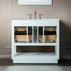 WOODBRIDGE Venice 36"x21"x33" Solid Wood Bath Vanities Side Cabinet In White With Brushed Nickel Trim And Engineered Stone Composite Vanity Top In Carrara White 3 Pre-Drilled Holes For 8-inch Widespread Faucet. -Woodbridgebath Shop 6179043c8581d thumb 600x600