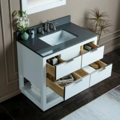 WOODBRIDGE Venice 36"x21"x33" Solid Wood Bath Vanities Side Cabinet In White With Brushed Nickel Trim And Engineered Stone Composite Vanity Top In Dark Gray With 3 Pre-Drilled Holes For 8-inch Widespread Faucet. -Woodbridgebath Shop 617904a6511dd thumb 600x600