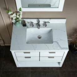 WOODBRIDGE Venice 36"x21"x33" Solid Wood Bath Vanities Side Cabinet In White With Brushed Nickel Trim And Engineered Stone Composite Vanity Top In Fish Belly White With 3 Pre-Drilled Holes For 8-inch Widespread Faucet. -Woodbridgebath Shop 617905e151d22 thumb 600x600