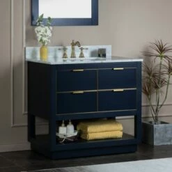 WOODBRIDGE Venice 36"x21"x33" Solid Wood Bath Vanities Side Cabinet In Navy Blue And Gold Trim And Carrara Marble Vanity Top Cabinet With 3 Pre-Drilled Holes For 8-inch Widespread Faucet. -Woodbridgebath Shop 617908552662a thumb 600x600