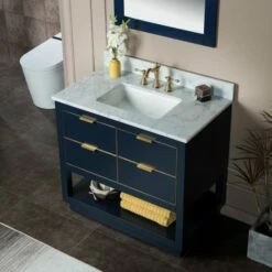 WOODBRIDGE Venice 36"x21"x33" Solid Wood Bath Vanities Side Cabinet In Navy Blue And Gold Trim And Carrara Marble Vanity Top Cabinet With 3 Pre-Drilled Holes For 8-inch Widespread Faucet. -Woodbridgebath Shop 6179085c85e08 thumb 600x600