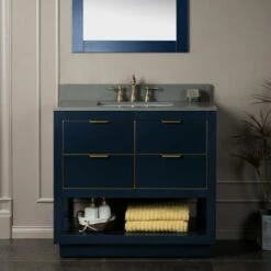 WOODBRIDGE Venice 36"x21"x33" Solid Wood Bath Vanities Side Cabinet In Navy Blue With Gold And Engineered Stone Composite Vanity Top In Dark Gray With 3 Pre-Drilled Holes For 8-inch Widespread Faucet.