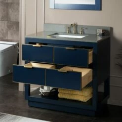 WOODBRIDGE Venice 36"x21"x33" Solid Wood Bath Vanities Side Cabinet In Navy Blue With Gold And Engineered Stone Composite Vanity Top In Dark Gray With 3 Pre-Drilled Holes For 8-inch Widespread Faucet. -Woodbridgebath Shop 61790ec18d824 thumb 600x600