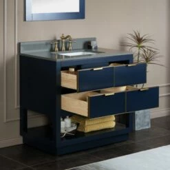 WOODBRIDGE Venice 36"x21"x33" Solid Wood Bath Vanities Side Cabinet In Navy Blue With Gold And Engineered Stone Composite Vanity Top In Dark Gray With 3 Pre-Drilled Holes For 8-inch Widespread Faucet. -Woodbridgebath Shop 61790ec1e9206 thumb 600x600