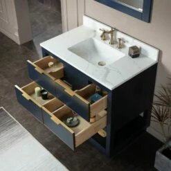 WOODBRIDGE Venice 36"x21"x33" Solid Wood Bath Vanities Side Cabinet In Navy Blue With Gold Trim And Engineered Stone Composite Vanity Top In Fish Belly White With 3 Pre-Drilled Holes For 8-inch Widespread Faucet. -Woodbridgebath Shop 6179100e063c7 thumb 600x600
