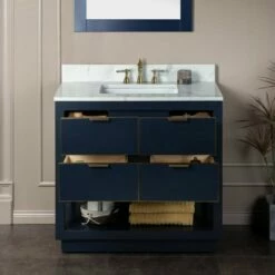 WOODBRIDGE Venice 36"x21"x33" Solid Wood Bath Vanities Side Cabinet In Navy Blue With Gold Trim And Engineered Stone Composite Vanity Top In Fish Belly White With 3 Pre-Drilled Holes For 8-inch Widespread Faucet. -Woodbridgebath Shop 6179100e240a3 thumb 600x600