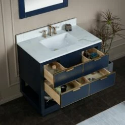 WOODBRIDGE Venice 36"x21"x33" Solid Wood Bath Vanities Side Cabinet In Navy Blue With Gold Trim And Engineered Stone Composite Vanity Top In Fish Belly White With 3 Pre-Drilled Holes For 8-inch Widespread Faucet. -Woodbridgebath Shop 6179101045339 thumb 600x600